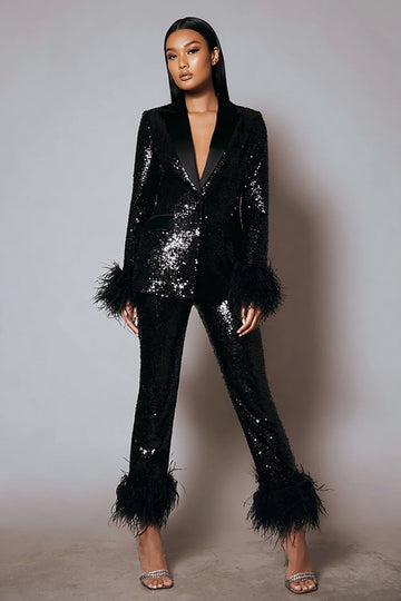 Sparkly 2 pièces noir femmes bal costumes avec plumes